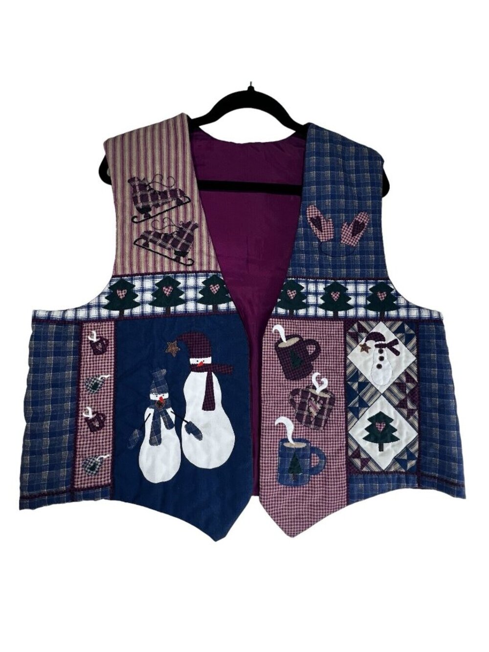 Vtg Patchwork Quilted Vest Handmade Snowmen Holiday Motifs Lined Womens Lg